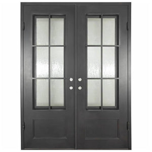 Double entryway doors made with a thick iron frame. Doors have a 3/4 glass window panel with window-frame detailing and are thermally broken to protect from extreme weather.