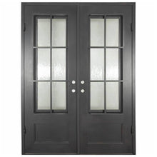 Load image into Gallery viewer, Double entryway doors made with a thick iron frame. Doors have a 3/4 glass window panel with window-frame detailing and are thermally broken to protect from extreme weather.