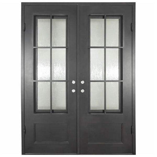 Parker black iron double patio door with dual-pane glass and flat top.