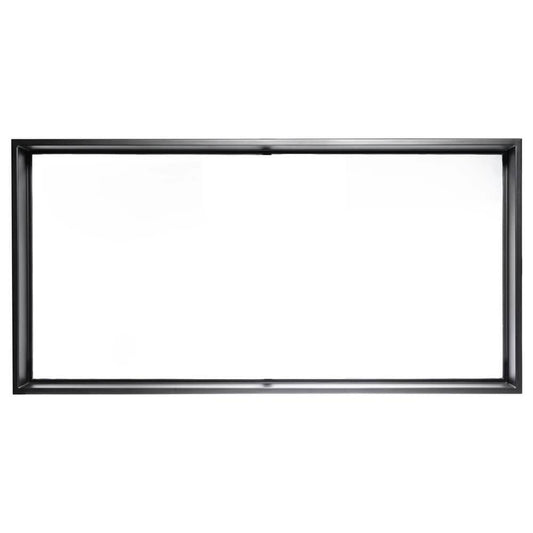 Single-pane transom window with a thin iron frame. Window is thermally broken to protect from extreme weather.