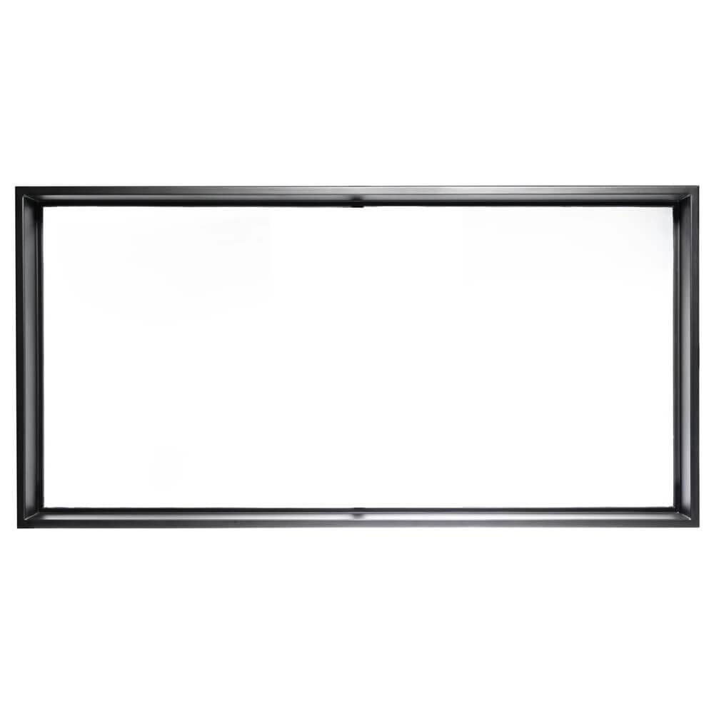 Single-pane transom window with a thin iron frame. Window is thermally broken to protect from extreme weather.