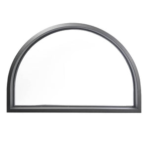 Single-pane arched transom window with a thin iron frame. Window is thermally broken to protect from extreme weather.