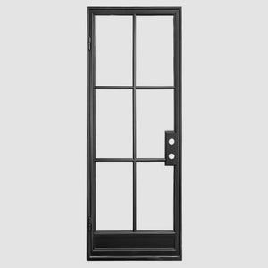 Single iron door with 6 panes of glass and a kickplate at the bottom. Door is thermally broken to protect from weather.
