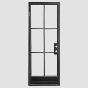 Single iron door with 6 panes of glass and a kickplate at the bottom. Door is thermally broken to protect from weather.