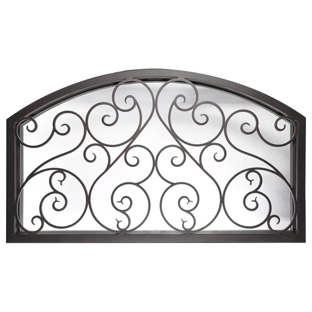 Large slightly arched transom window behind an intricate iron pattern. Window is thermally broken to protect from extreme weather.
