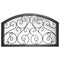 Large slightly arched transom window behind an intricate iron pattern. Window is thermally broken to protect from extreme weather.
