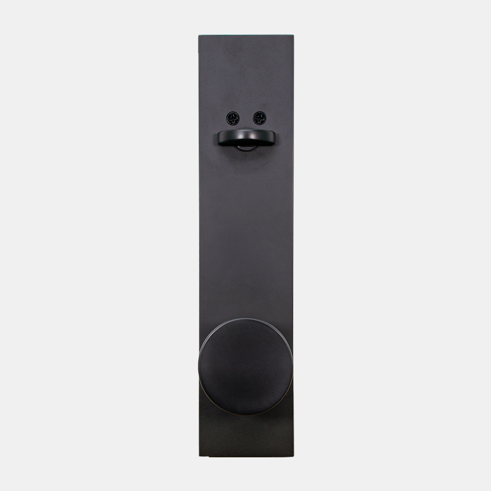 PINKYS lock with round and deadbolt on escutcheon in black finish.