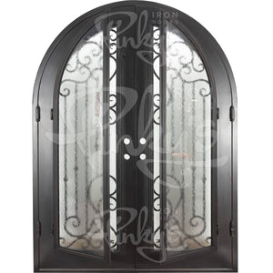 Double entryway doors with a thick iron frame. Doors feature a full panel of glass behind iron detailing and are thermally broken to protect from extreme weather.