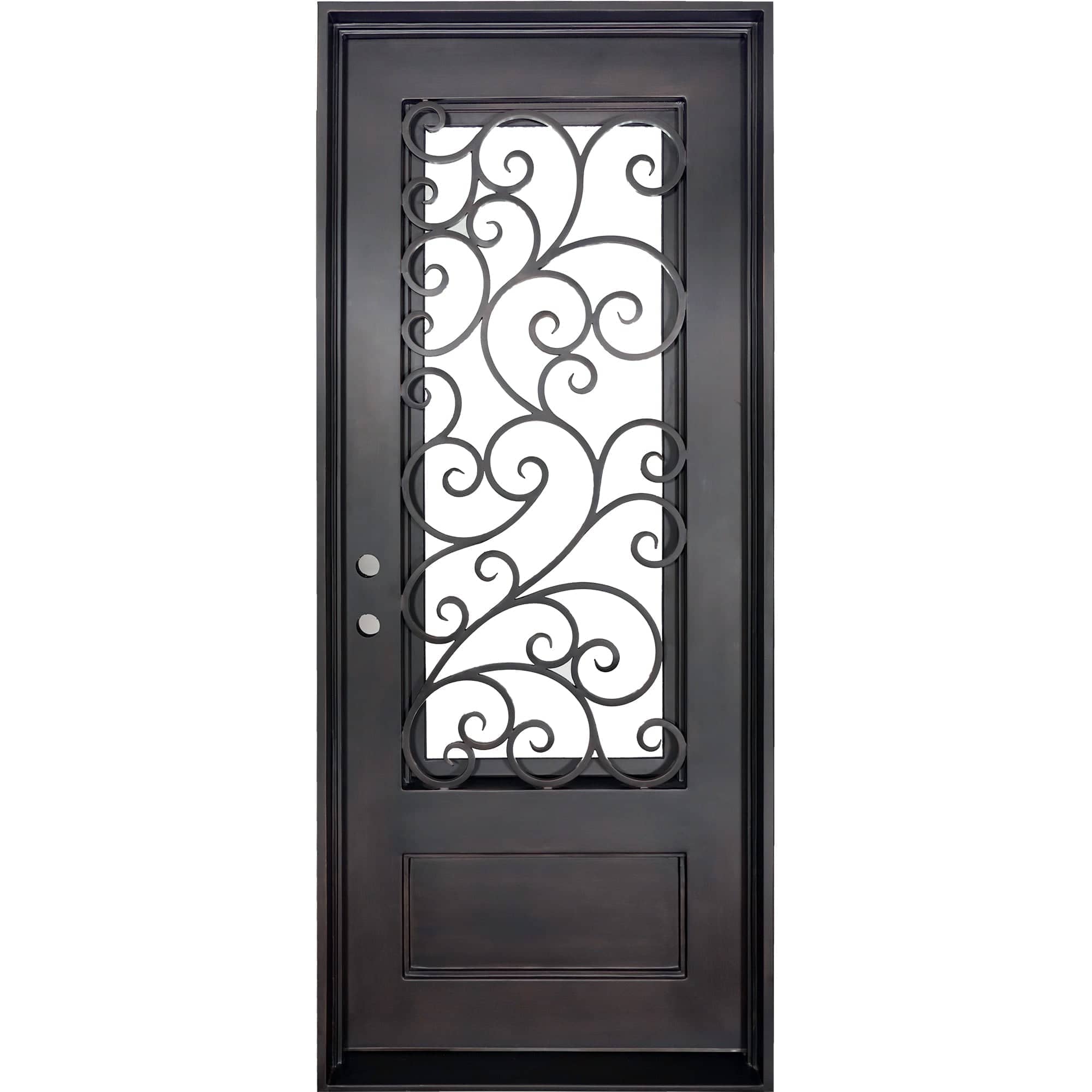 Single entryway door with a 3/4 length pane of glass behind intricate iron detailing. Door is thermally broken to protect from extreme weather.