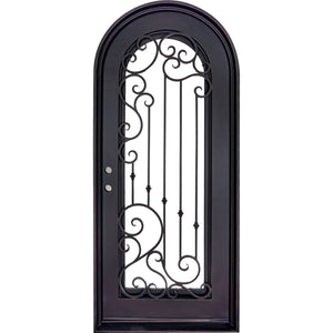 Single entryway door with a thick iron and steel frame and a full pane of glass behind intricate iron detailing.