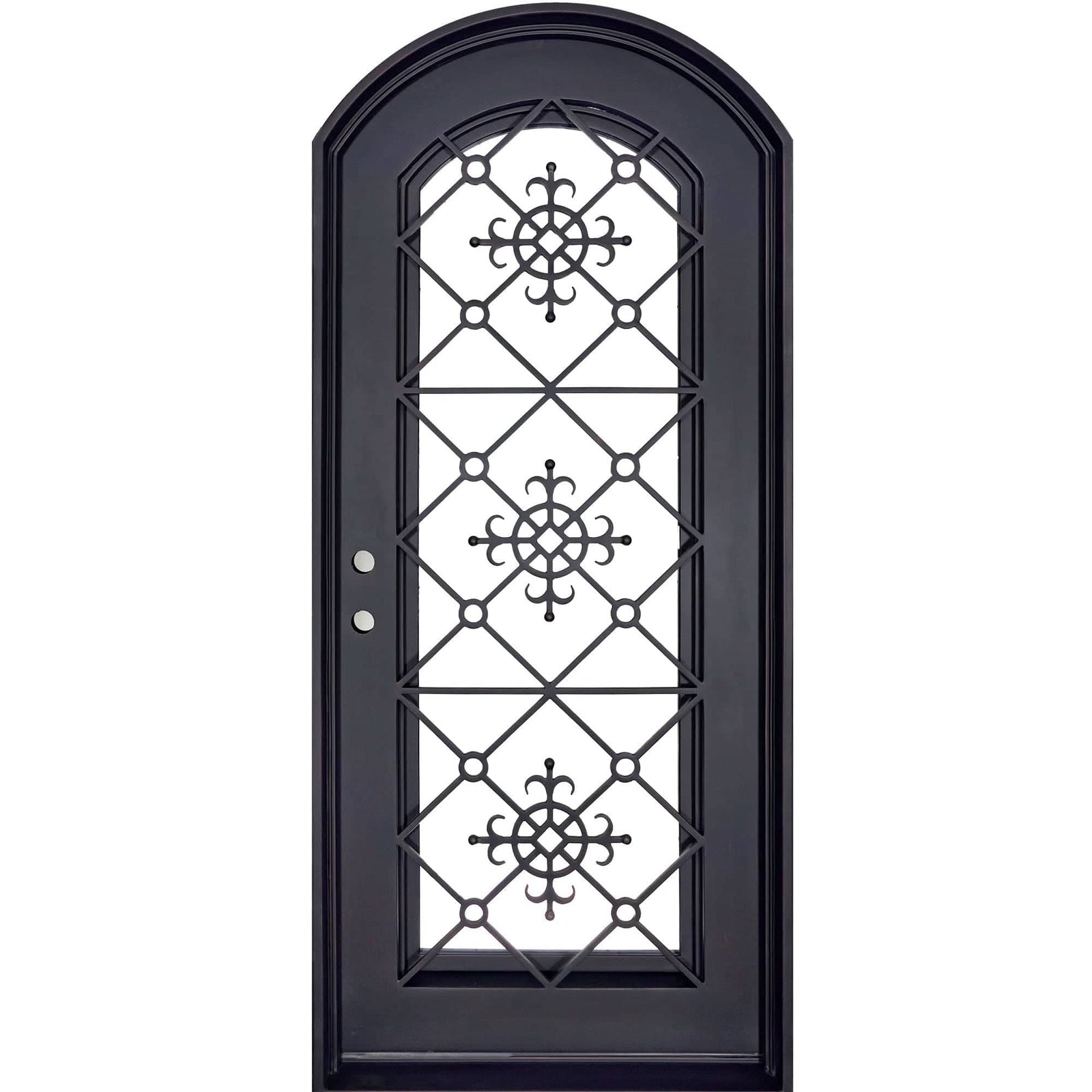 San Francisco pre-hung bronze color iron single arch top door with decorative scrollwork.