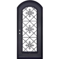 Single entryway door with full length pane of glass behind intricate iron detailing.