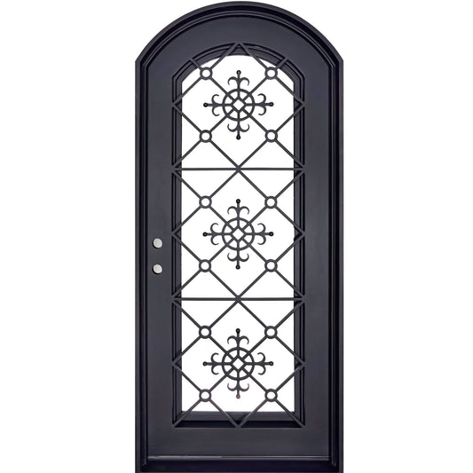 Single entryway door with full length pane of glass behind intricate iron detailing.