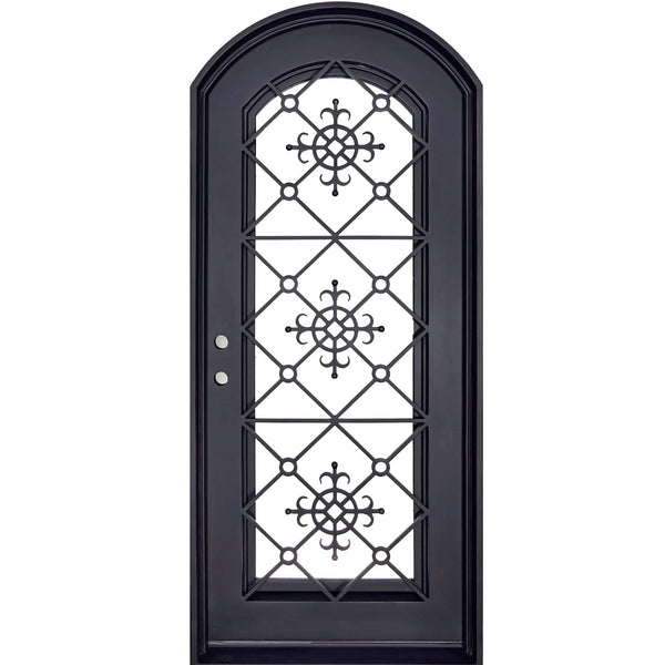 San Francisco curved top door for cold climates with intricate metal design.