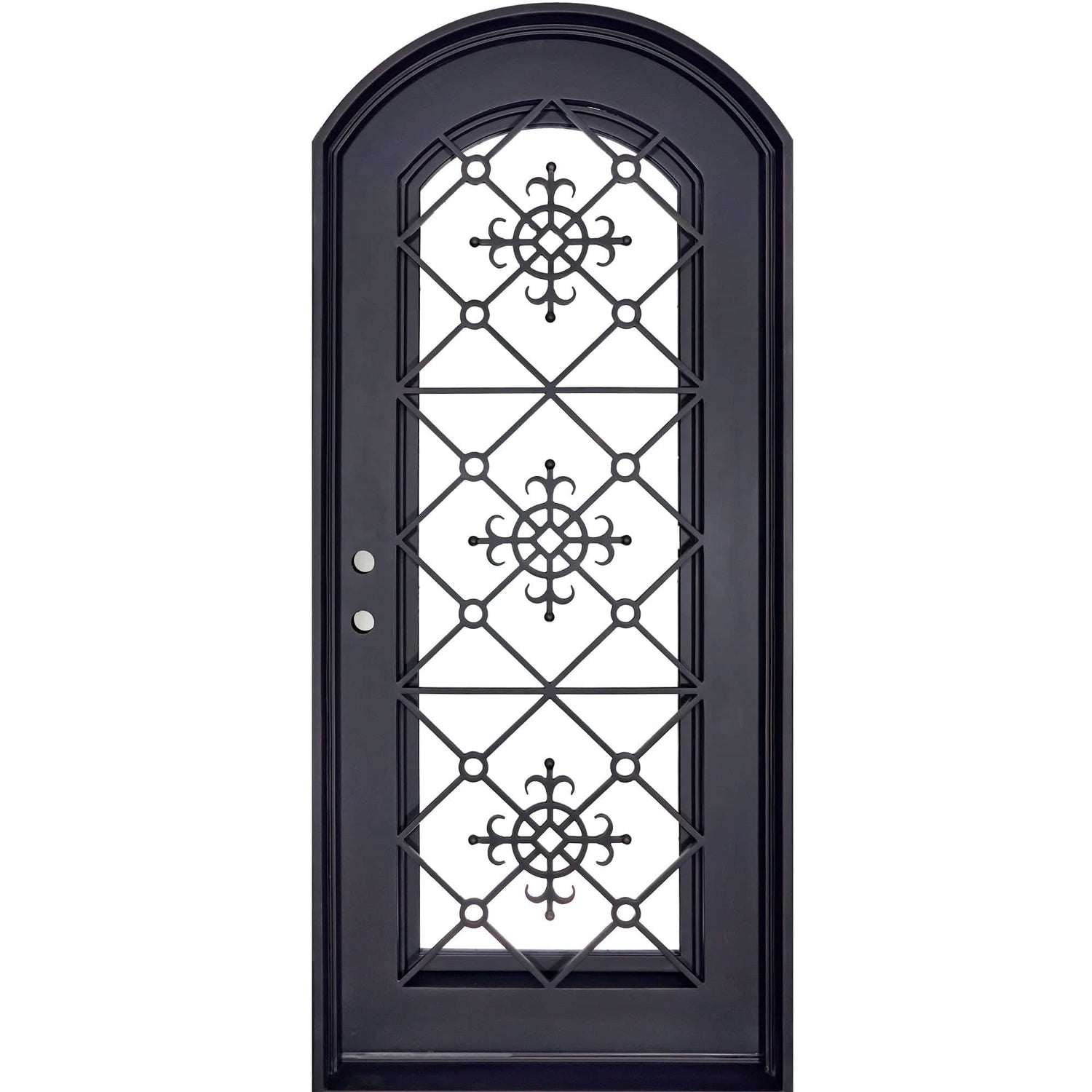 Single entryway door with 3/4 length pane of glass behind intricate iron detailing. Door features a slight arch and is thermally broken to protect from extreme weather.