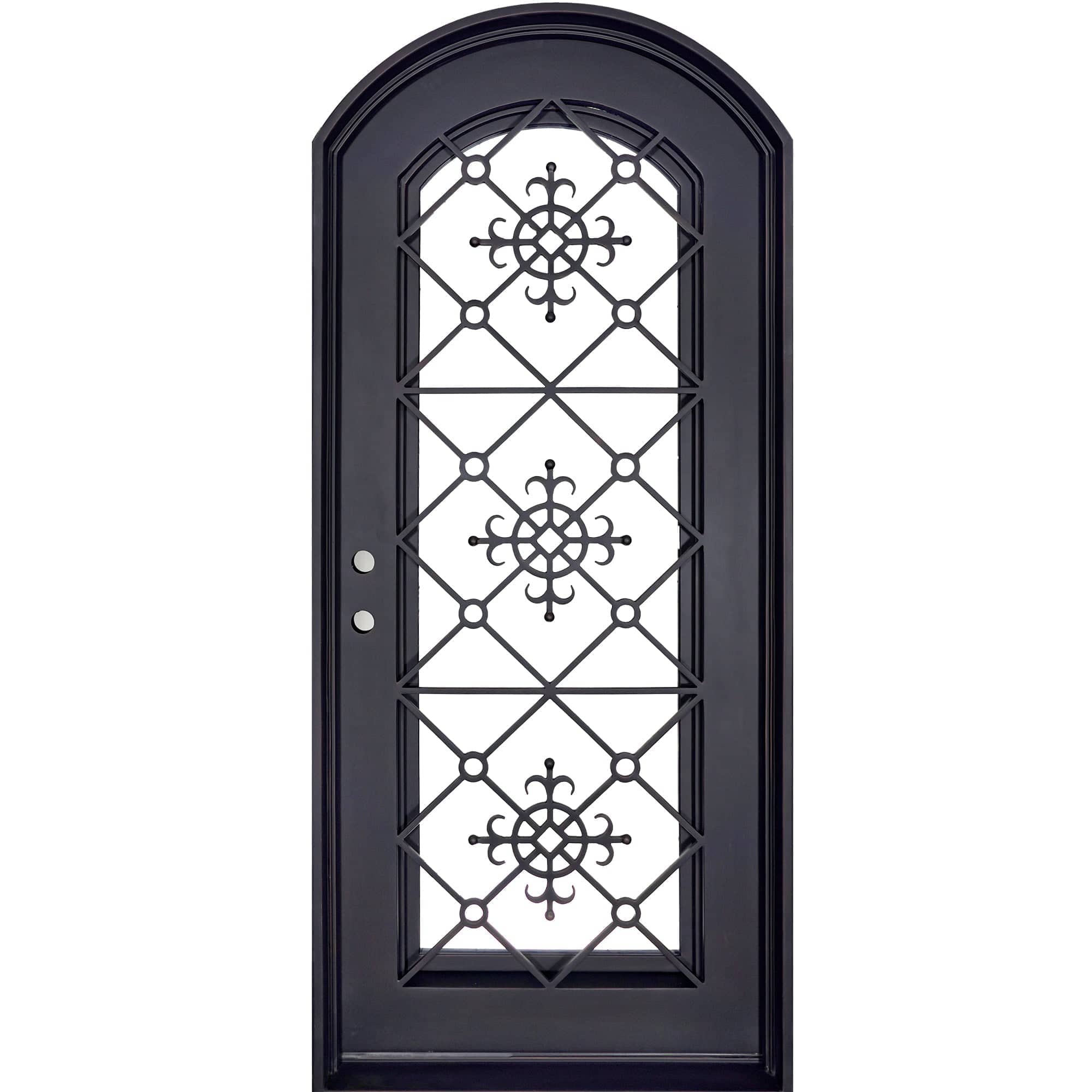 Single entryway door with 3/4 length pane of glass behind intricate iron detailing. Door features a slight arch and is thermally broken to protect from extreme weather.