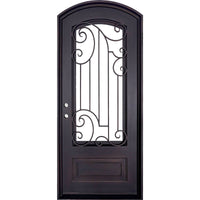 Single entryway door with a thick iron and steel frame and a full pane of glass behind intricate iron detailing.