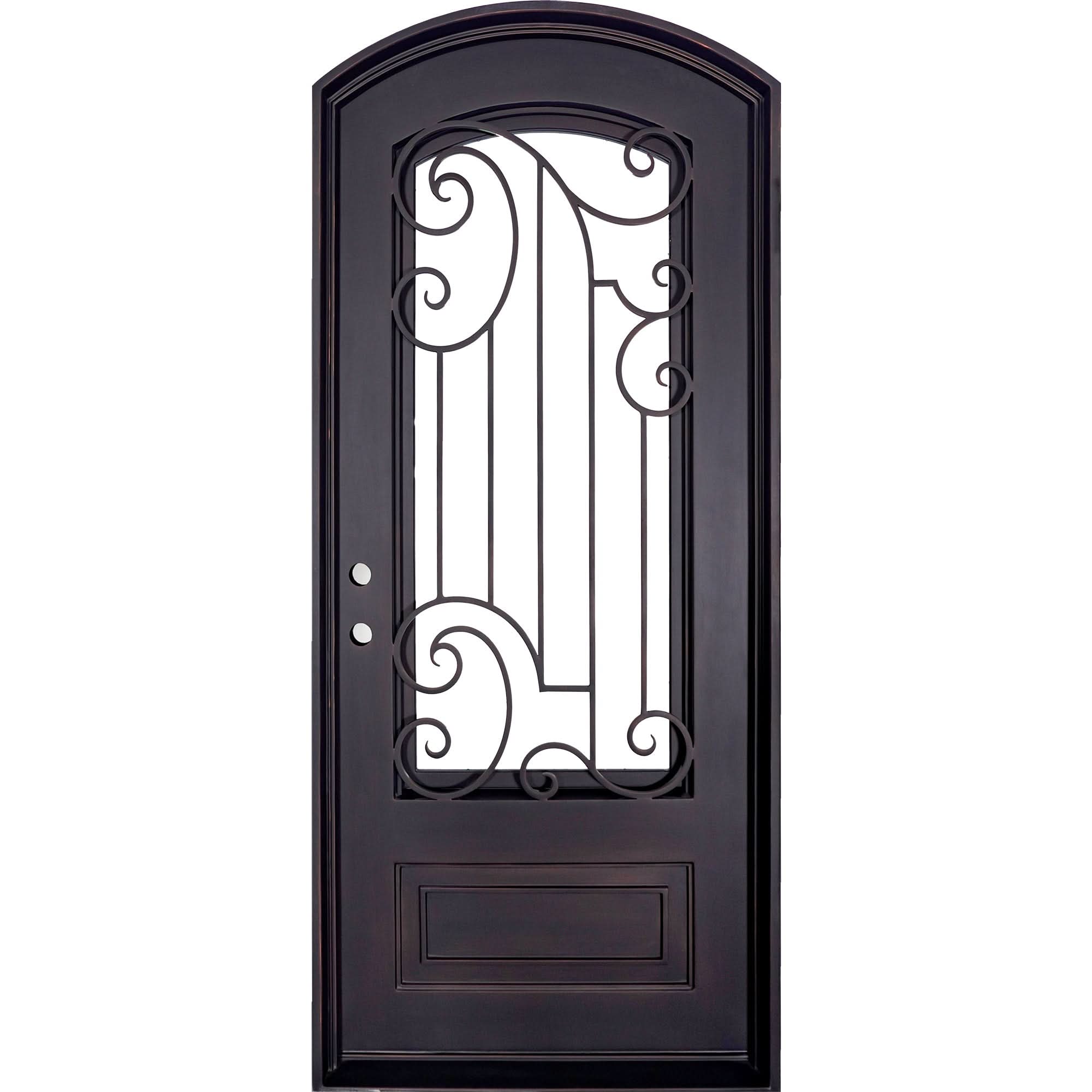 Piano arch top swinging door with thermal barrier in matte black finish.