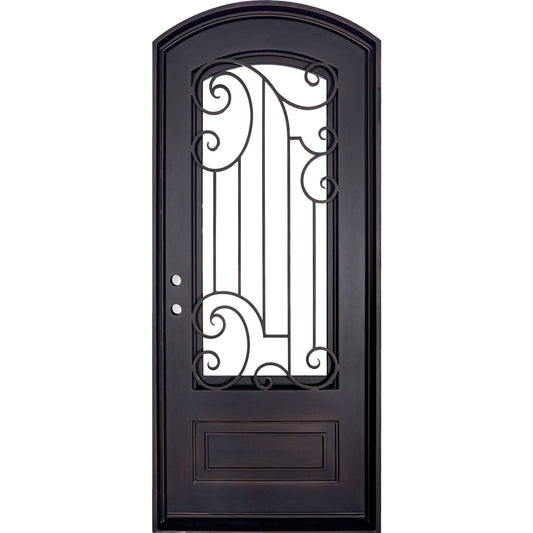 Single entryway door with a thick iron and steel frame and a full pane of glass behind intricate iron detailing.
