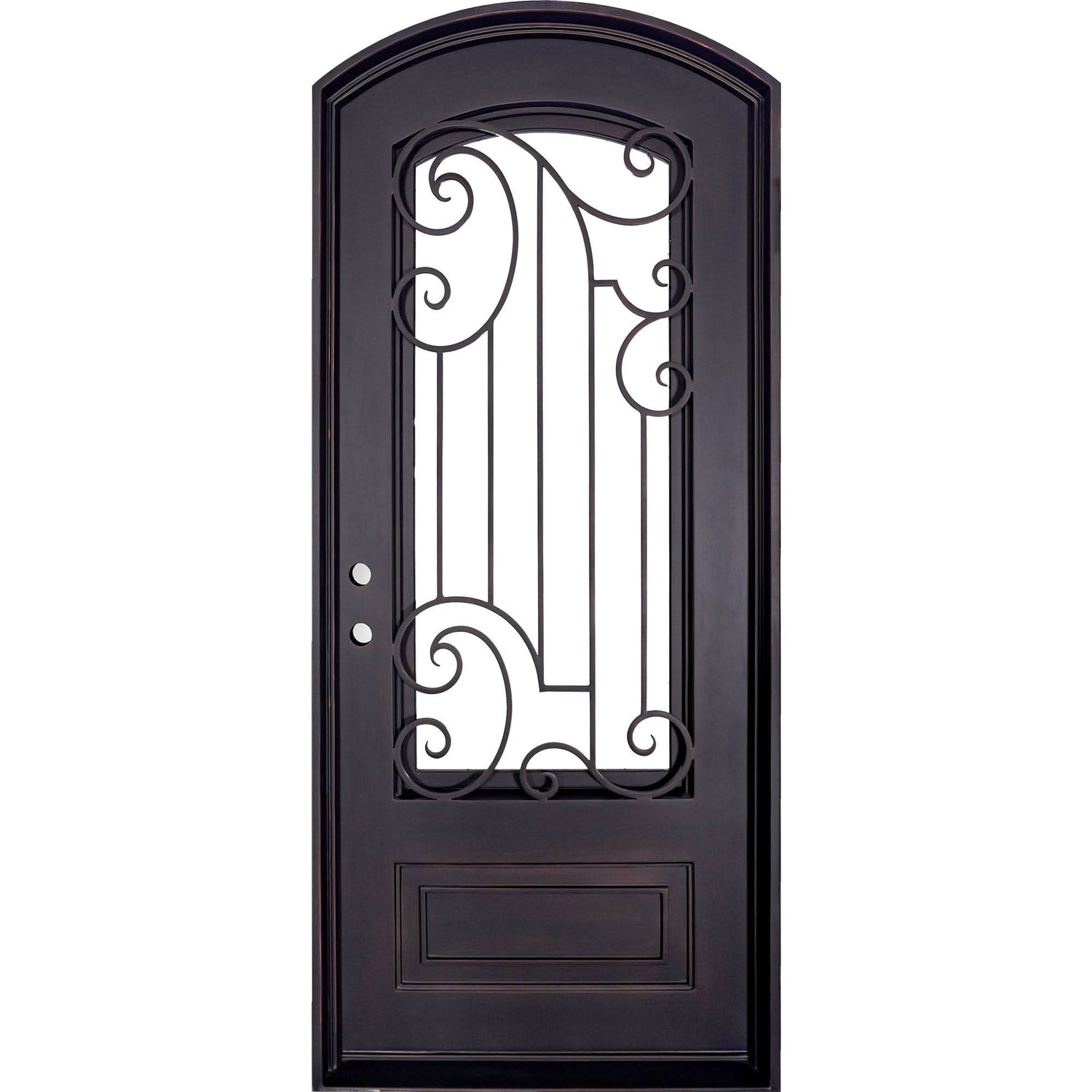 Single entryway door with a thick iron and steel frame and a full pane of glass behind intricate iron detailing.