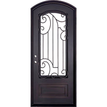 Load image into Gallery viewer, Single entryway door with a full length pane of glass behind intricate iron detailing and a thick iron frame. Door is thermally broken to protect from extreme weather.