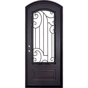 Single entryway door with a full length pane of glass behind intricate iron detailing and a thick iron frame. Door is thermally broken to protect from extreme weather.