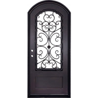 Single entryway door with a thick iron frame and intricate iron detailing behind a 3/4 pane of glass. Door features a slight arch and is thermally broken to protect from extreme weather.