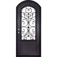 Single entryway door with a thick iron frame and intricate iron detailing behind a 3/4 pane of glass. Door features a slight arch and is thermally broken to protect from extreme weather.