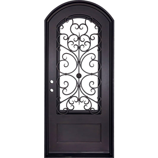 Double entryway doors with a thick iron and steel frame and a full pane of glass behind intricate iron detailing.