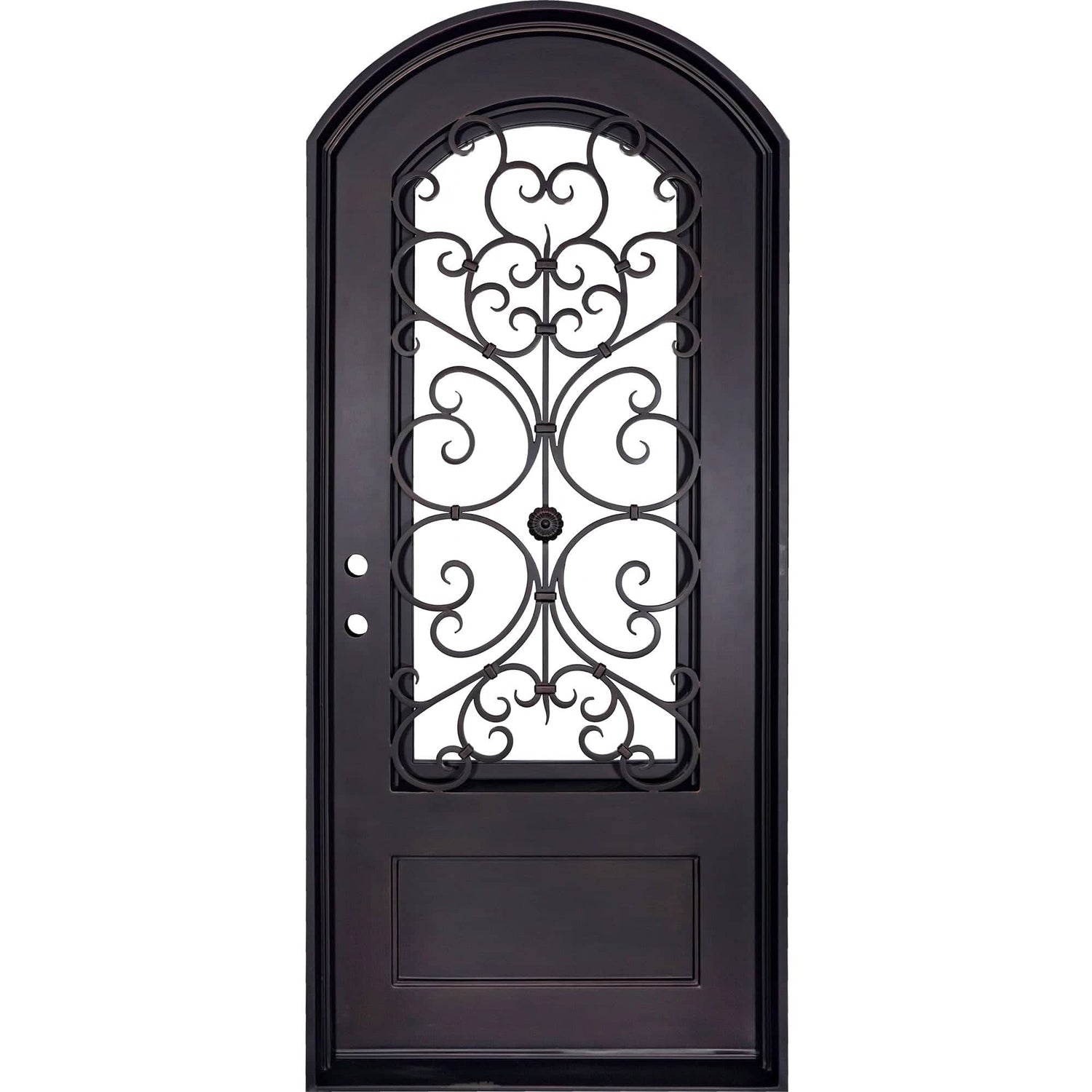 Double entryway doors with a thick iron and steel frame and a full pane of glass behind intricate iron detailing.