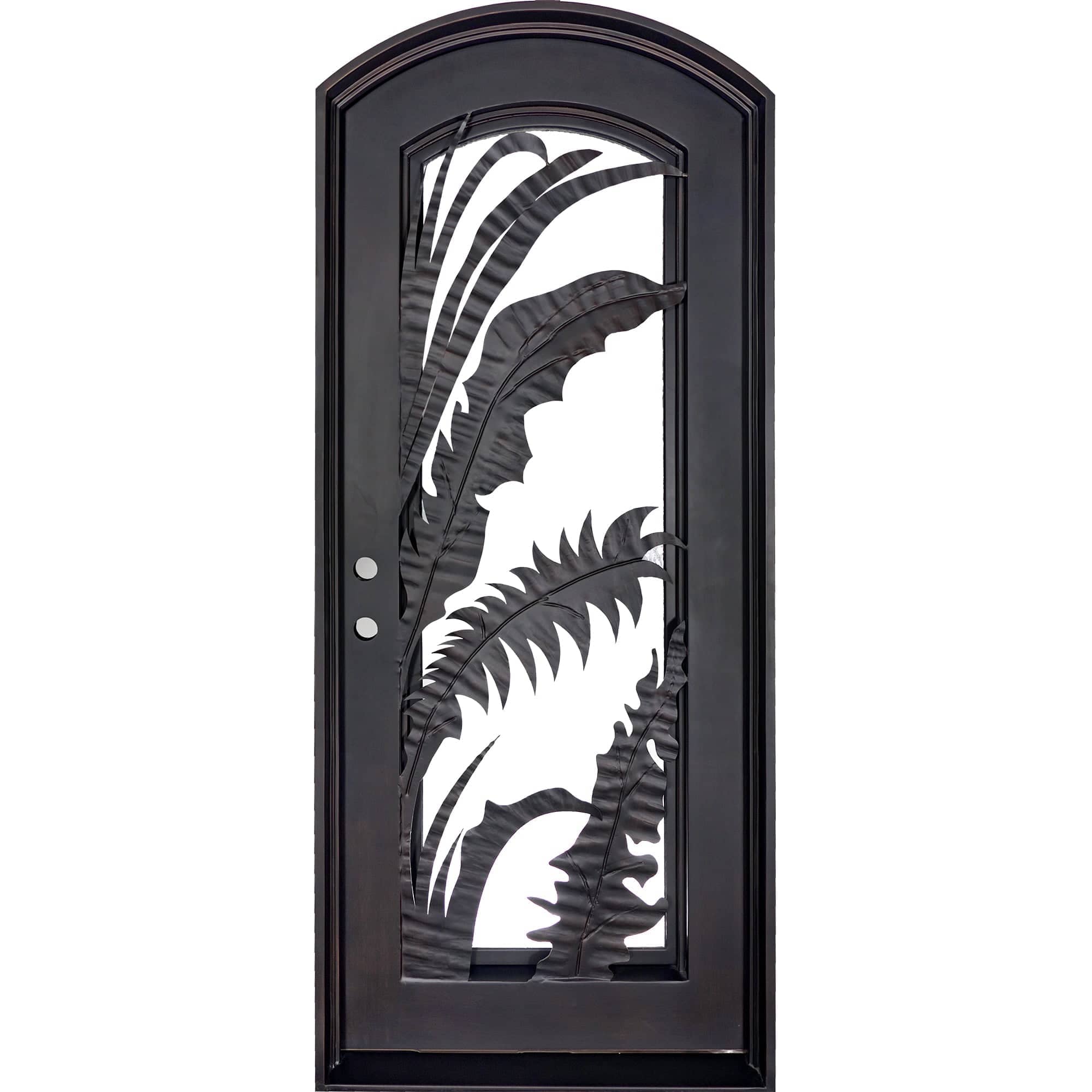 Single exterior door made with a thick iron frame and a full panel of glass behind palm-leaf cutouts. Door is thermally broken to protect from extreme weather.