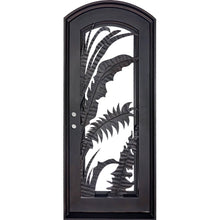 Load image into Gallery viewer, Single exterior door made with a thick iron frame and a full panel of glass behind palm-leaf cutouts. Door is thermally broken to protect from extreme weather.