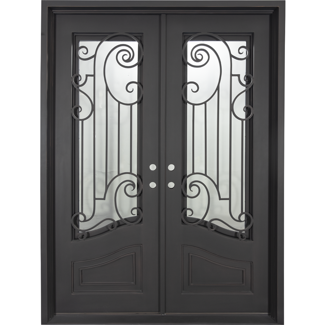 Double entryway doors made with a thick iron frame. Doors feature 3/4 glass panels behind intricate iron designs and are thermally broken to protect from extreme weather.