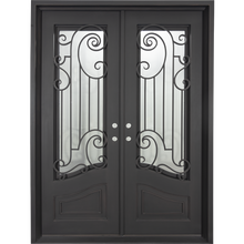 Load image into Gallery viewer, Double entryway doors with a thick iron and steel frame and a full pane of glass behind intricate iron detailing.