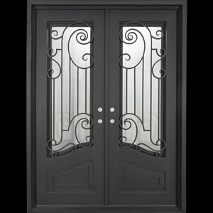 Double entryway doors with a thick iron and steel frame and a full pane of glass behind intricate iron detailing.