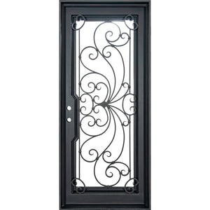 Single entryway door with a thick iron and steel frame and a full pane of glass behind intricate iron detailing.