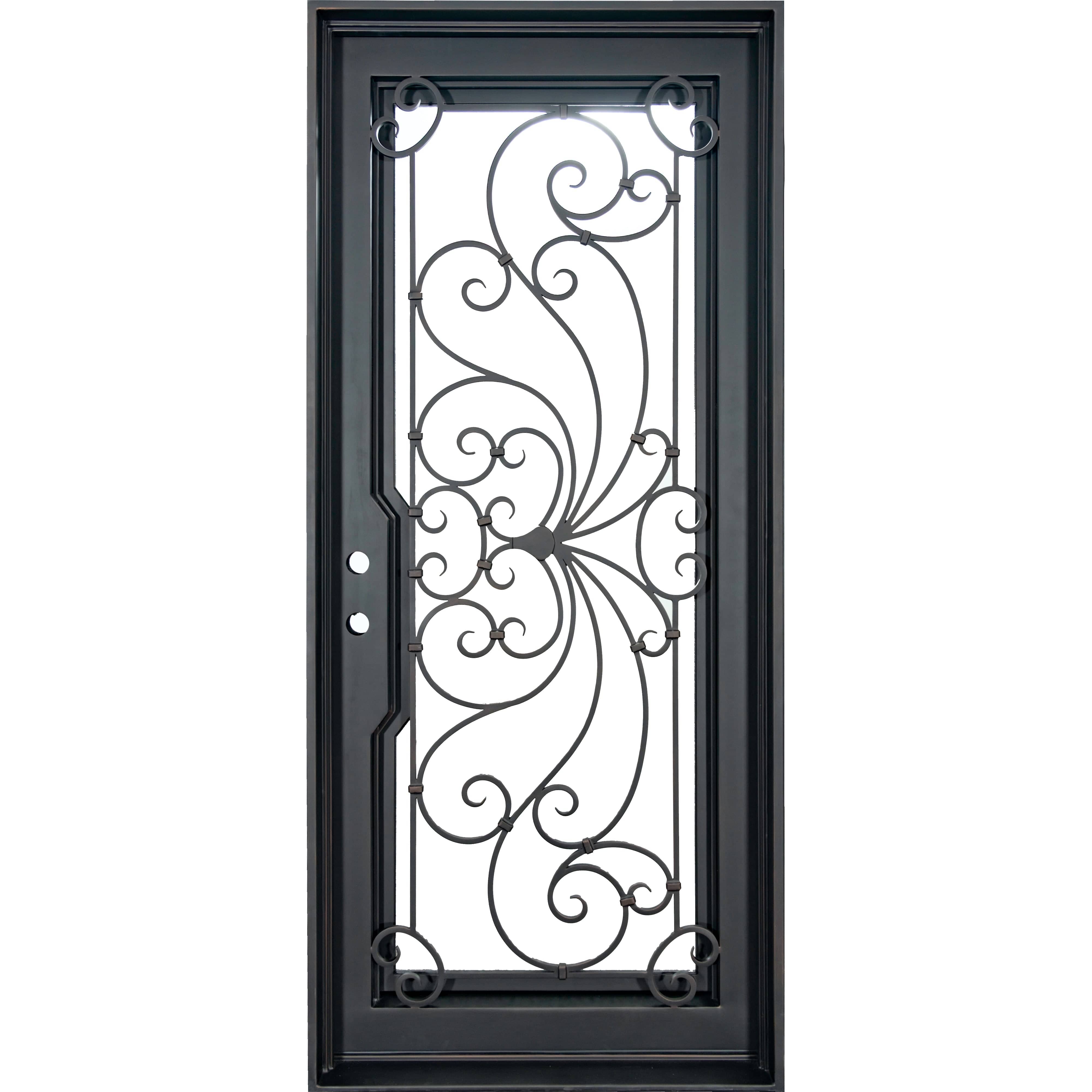 Single entryway door with a thick iron and steel frame and a full pane of glass behind intricate iron detailing. Door has a slight arch and is thermally broken to protect from extreme weather. 