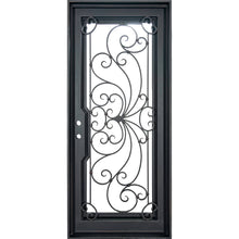 Load image into Gallery viewer, Single entryway door with a thick iron and steel frame and a full pane of glass behind intricate iron detailing. Door has a slight arch and is thermally broken to protect from extreme weather. 