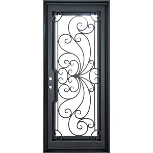 Single entryway door with a thick iron and steel frame and a full pane of glass behind intricate iron detailing. Door has a slight arch and is thermally broken to protect from extreme weather. 