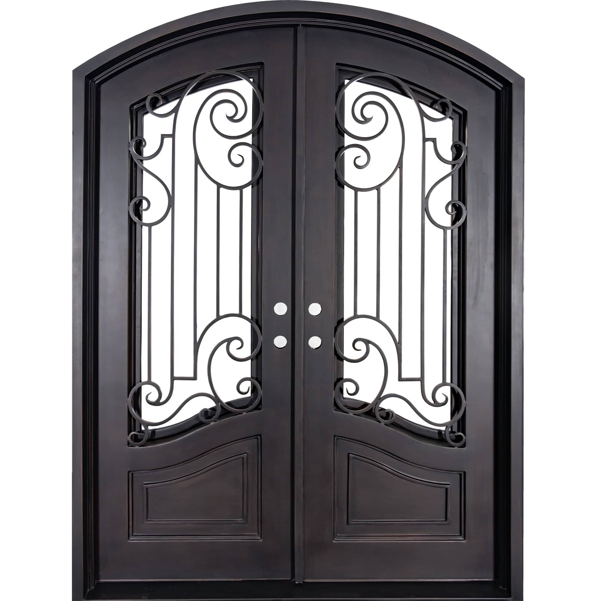 Double entryway doors made with a thick iron frame. Doors feature 3/4 glass panels behind intricate iron designs and are thermally broken to protect from extreme weather.