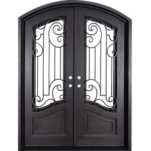 Double entryway doors made with a thick iron frame. Doors feature 3/4 glass panels behind intricate iron designs and are thermally broken to protect from extreme weather.