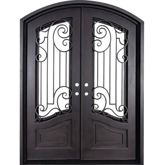Double entryway doors with a thick iron and steel frame and a full pane of glass behind intricate iron detailing.