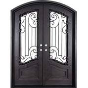 Piano bronze colored metal arched top door with thermal break and glass.