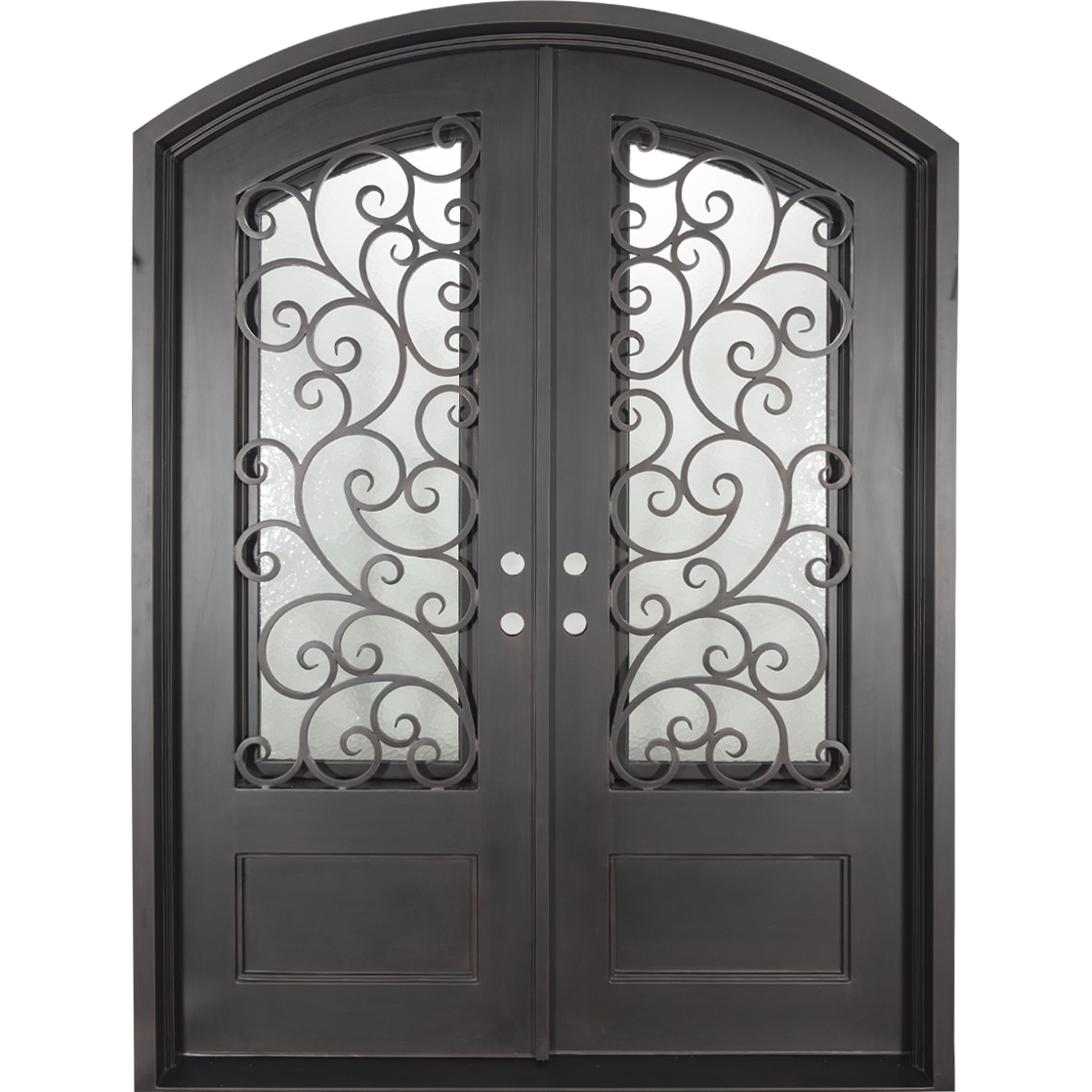 Double entryway doors made with a thick iron and steel frame. Doors feature 3/4 panel windows behind intricate iron detailing, a kickplate, and a slight arch on top. Doors are thermally broken to protect from extreme weather.