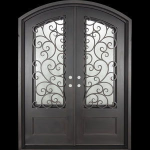 Double entryway doors made with a thick iron and steel frame. Doors feature 3/4 panel windows behind intricate iron detailing, a kickplate, and a slight arch on top. Doors are thermally broken to protect from extreme weather.