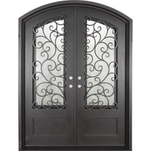 Load image into Gallery viewer, Double entryway doors made with a thick iron and steel frame. Doors feature 3/4 panel windows behind intricate iron detailing, a kickplate, and a slight arch on top. Doors are thermally broken to protect from extreme weather.