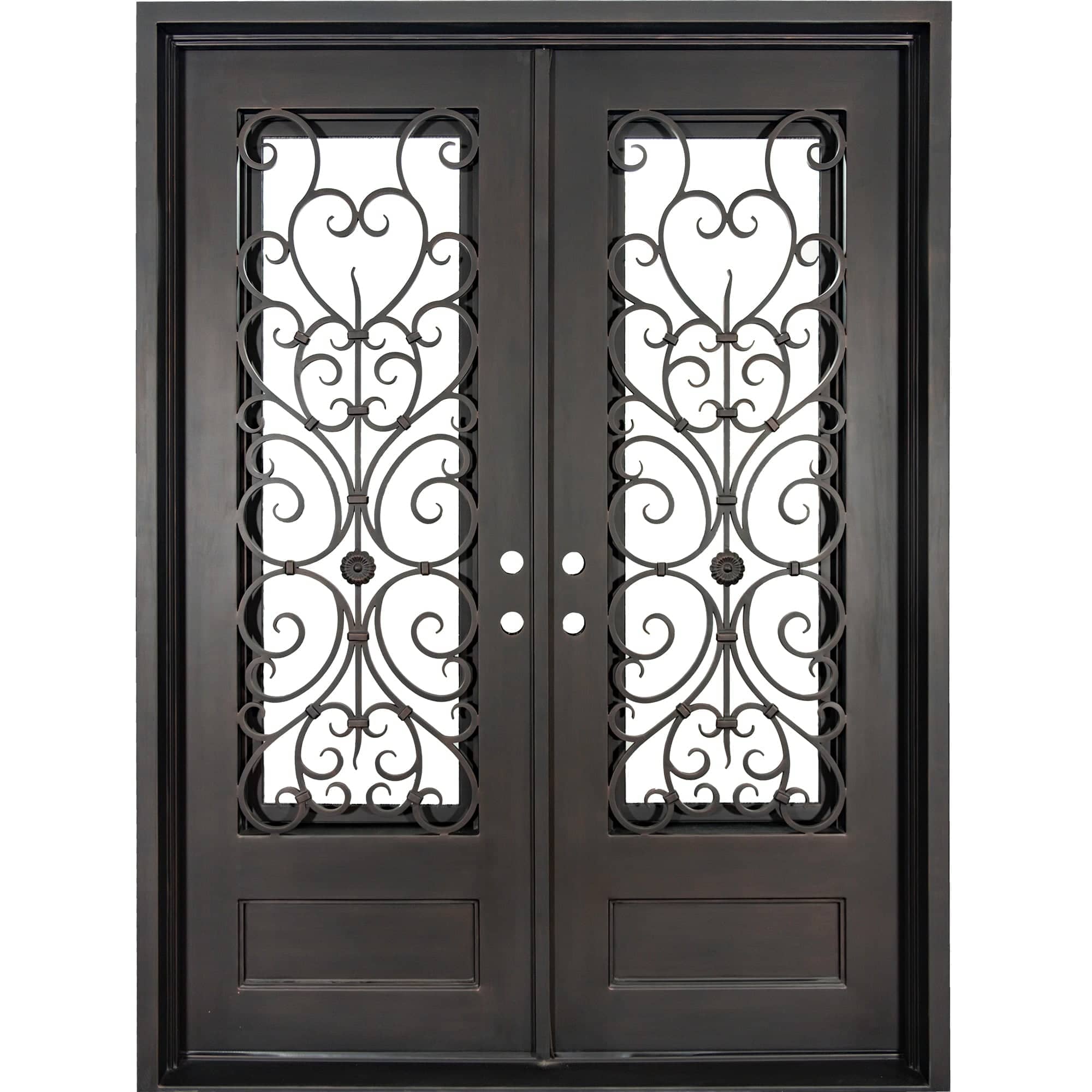 Double entryway doors made with a thick steel and iron frame. Doors have a 3/4 panel of glass behind an intricate iron design and are thermally broken to protect from extreme weather.