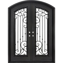 Load image into Gallery viewer, Double entryway doors with a thick iron and steel frame and a full pane of glass behind intricate iron detailing.