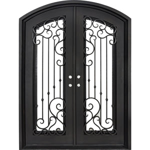 Double entryway doors with a thick iron and steel frame and a full pane of glass behind intricate iron detailing.