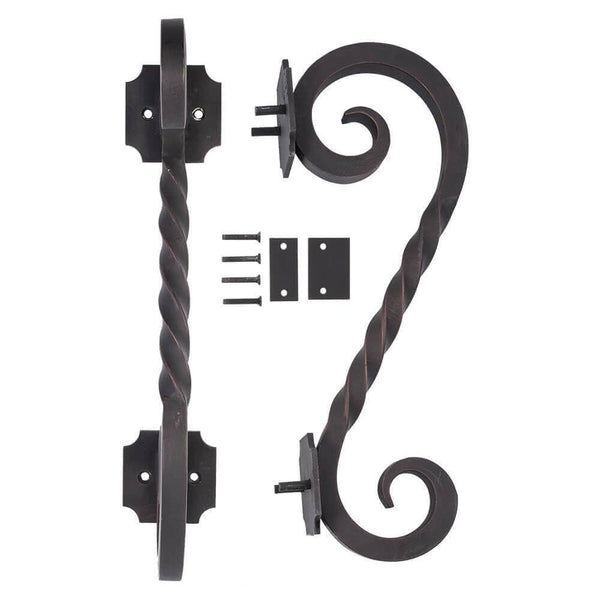 Juno bold black iron door pull handle with hand made ironwork.
